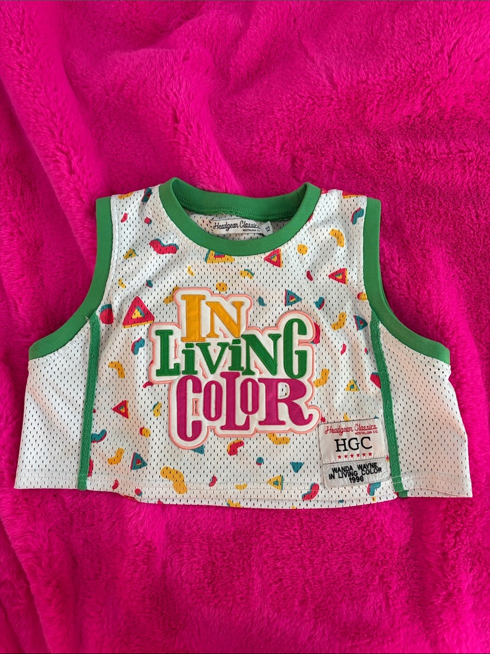 HGC 'In Living Color' White Mesh Crop Tank with Green Trim